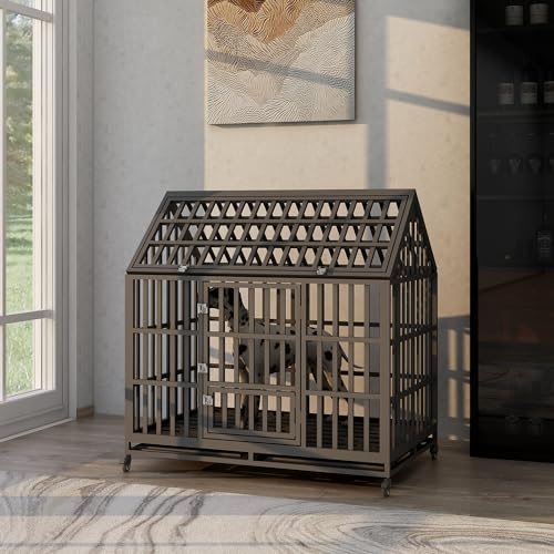 Heavy Duty Dog Crate Dog Cage, Indestructible Metal Dog Kennel Lockable for Medium Large Dogs with Sturdy Door Lock and Removable Trays, Roof Top Access, 47 Inch