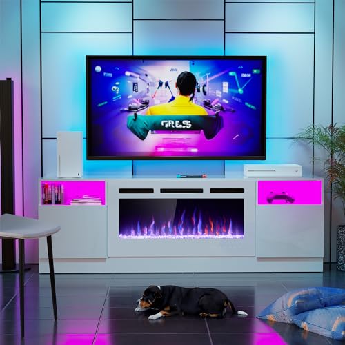 AHB 70" Fireplace TV Stand for TVs Up to 80" with 36" Electric Fireplace, TV Console for The Living Room, LED Light Entertainment Center, Storage Cabinet, Media Console Table, Black & White