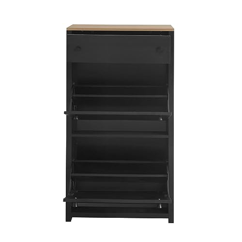Flieks Shoe Cabinet, Slim Storage Organizer with 4 Flip Drawers and Adjustable Panel, Wood Grain Pattern Top Shoe Storage Cabinet with 2 Drawers, Freestanding Modern Style Shoe Rack for Hallway, Grey