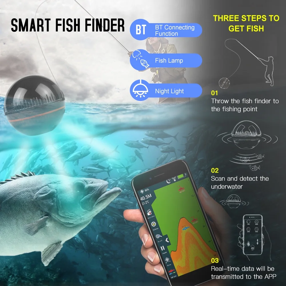 Andoer Smart BT Fish Finder with APP Portable Fish Detector Depth Finder Night Fishing Finder for Kayak Boat Ice Fishing