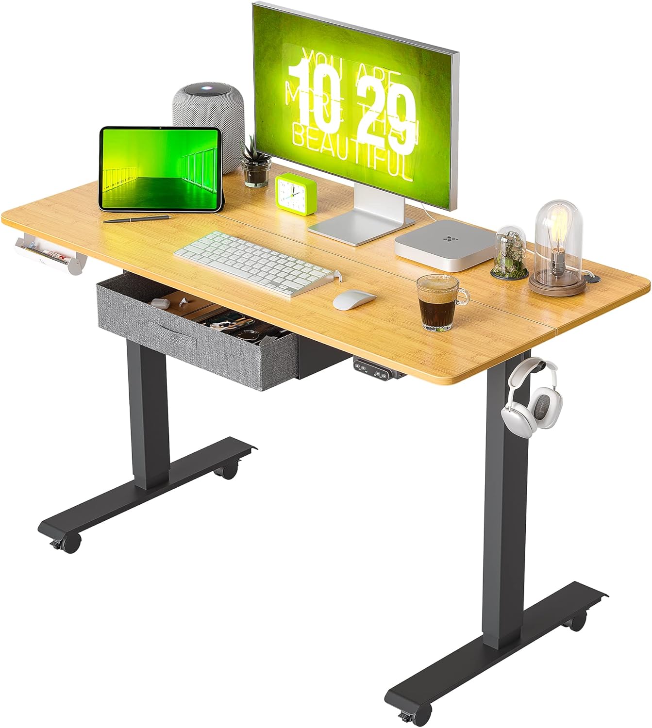 FEZIBO Standing Desk with Drawer, Adjustable Height Electric Stand up Desk, 55 x 24 Inches Sit Stand Home Office Desk, Ergonomic Workstation Black Steel Frame/Rustic Brown Tabletop