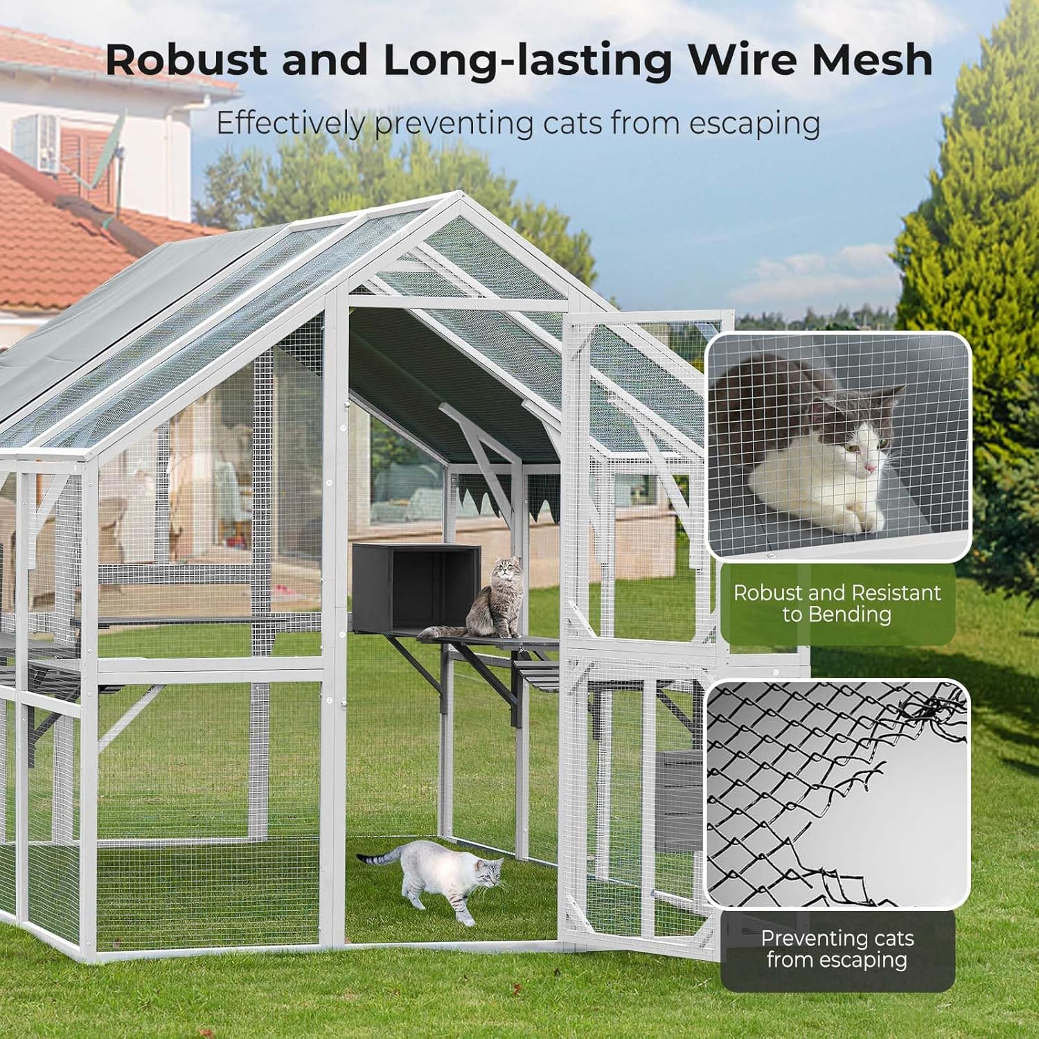 Large Catio Outdoor Cat Enclosure Large for Multiple Cats, Wooden Outside Cat House with Waterproof Cover, Bridges, Walks(111''L×74''W× 72''H)