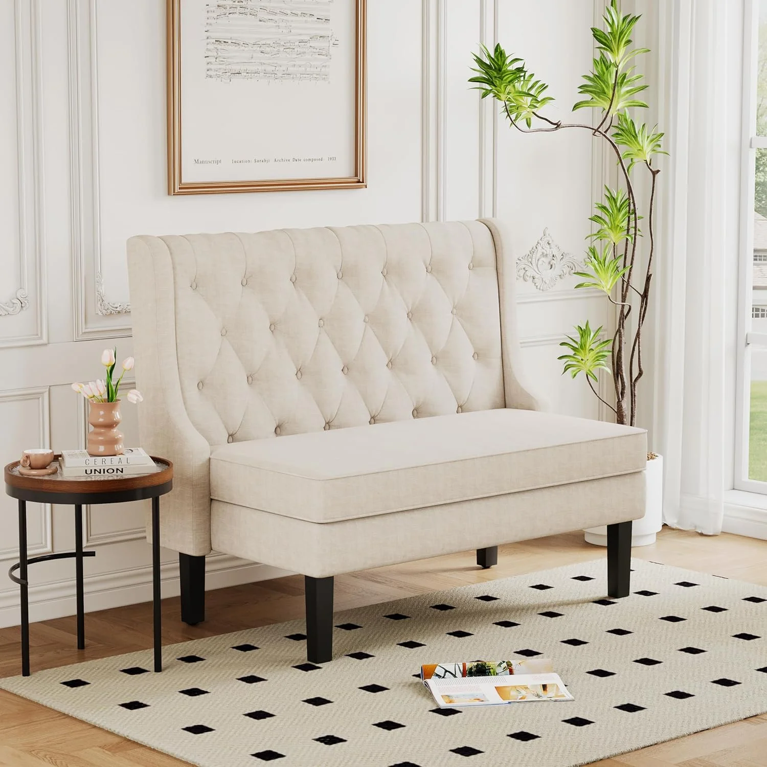 Loveseat Settee Bench with Natural Rattan Arms,Upholstered Modern High-Back Mini Sofa Couch,Banquette Dining Bench for Living Dining Room Bedroom Office Small Space Entryway,Light Grey