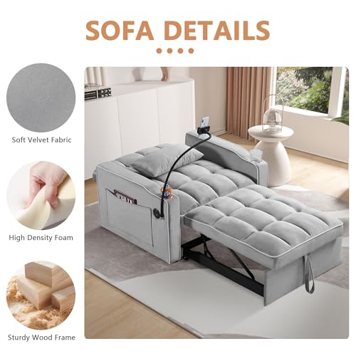 Setawix Convertible Chair Bed Sleeper, Tufted Velvet Pull Out Sleeper Chair with USB Ports & Phone Holder, Adjustable Backrest Armchair with Cup Holder Sofa Chair for Bedroom Living Room, Black