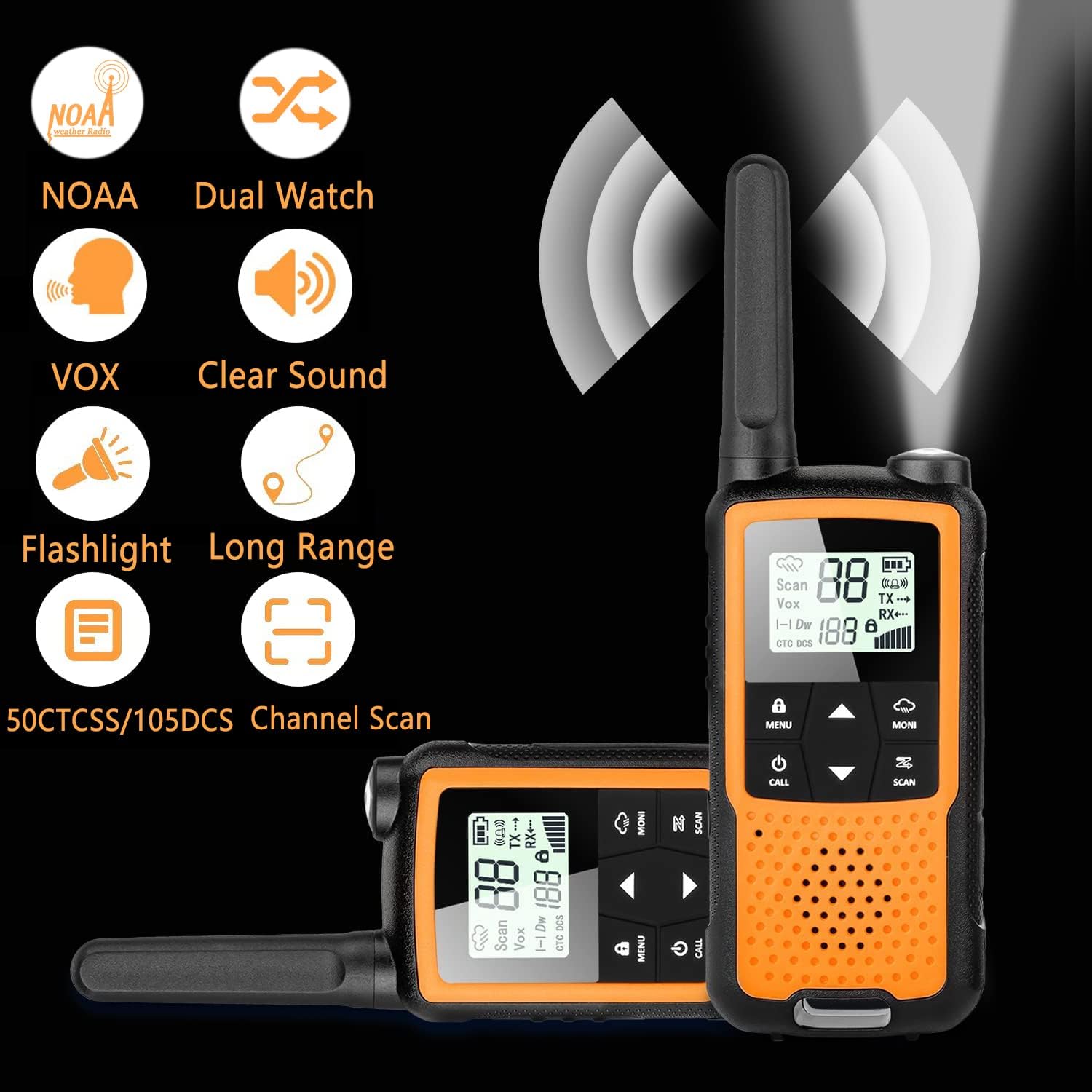 Walkie Talkies Rechargeable, NOAA Walkie Talkies Long Range for Adults, 22 Channels FRS Radio, Handheld 2 Way Radio, VOX Walkie Talkie with Earpiece and Mic, Walky Talky, USB Charging(Orange 4 Pack) Pack of 2