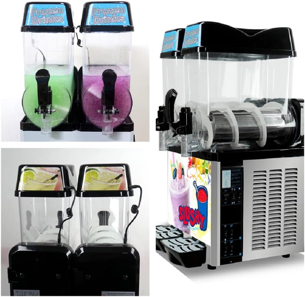 Commercial 12L x 2 Tank Slushy Machine 600W, Margarita Frozen Snow Drink Ice Slushie Shaved Crusher Maker, Stainless Steel Cooling Slush Beverage Machine for Outdoor, Bar, Cocktail, Juice, Home Coffee