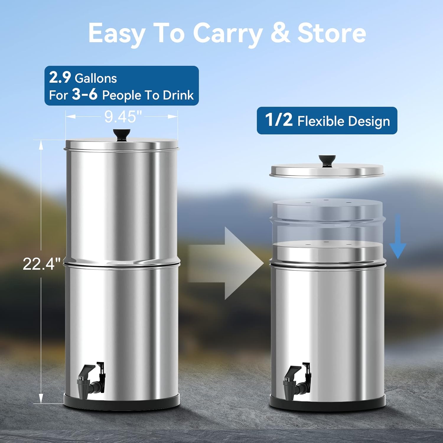 Purewell Stainless Steel Gravity-Fed Water Filter, High Capacity 2.9 Gallon with 2 Purification Elements for Home and Camping Use