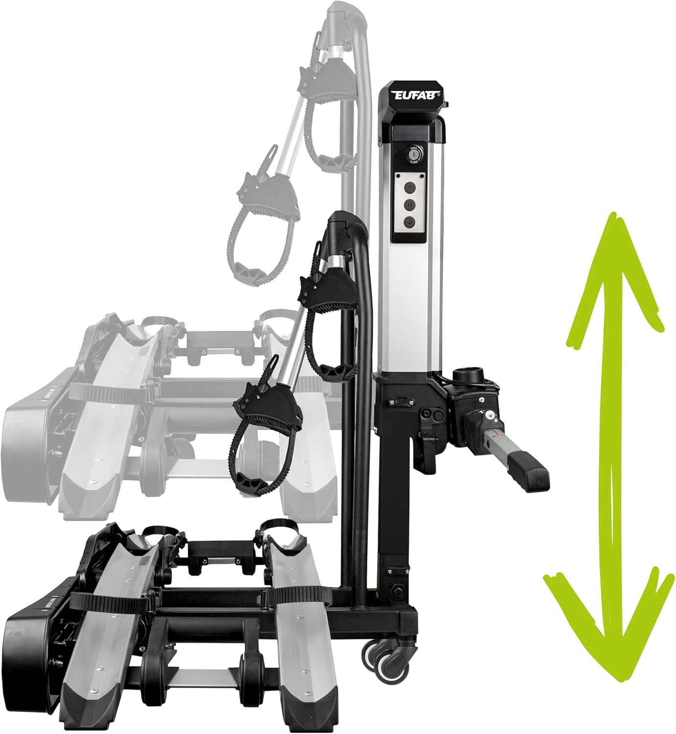 EUFAB 11554 Bicycle Carrier Bike Lift, Suitable for E-Bike, Fully Pre-Assembled, Electric Lower, Theft Protection, for 2 Bikes, for Towing Hitch, 2025 with Strap Frame Holders