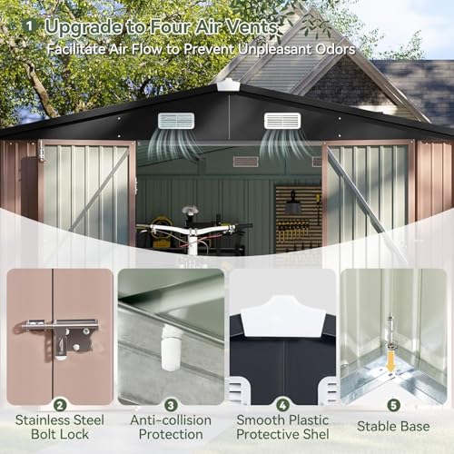 Aoxun 10 x 12FT Outdoor Storage Shed with Double Hinged Large Door Utility Garden Shed with Lockable Door & Sloped Roof Metal Sheds Outdoor Storage for Garden, Backyard, Patio and Backyard, Brown