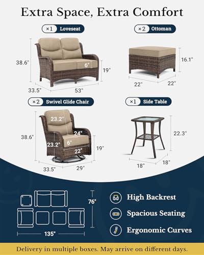 Luxury Patio Furniture Set with 6-inch Thick Cushion, Outdoor Couch and High Back Swivel Rocker Patio Chairs, 7PCS Wicker Conversation Set for Deck, Yard, and Poolside in Blue (V2)
