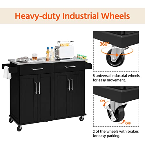 Yaheetech Kitchen Island Cart with Storage & Stainless Steel Countertop, Portable Kitchen Island on Wheels with Cabinet & Adjustable Shelves & 2 Drawers, Rolling Island Table for Kitchen, White