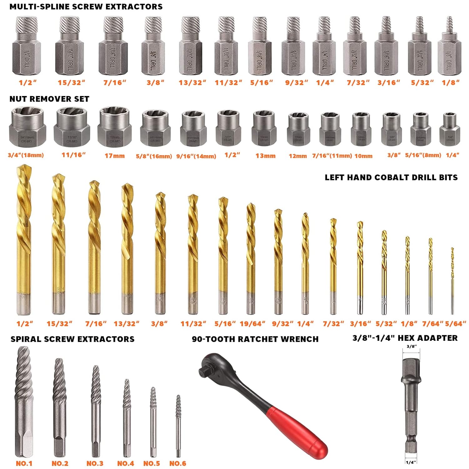 YESKING 50-Piece Screw Extractor and Drill Bit Set, Multi-Spline Extractors, Bolt extractors, Drill Bits and Stripped Nut Remover for Removing Broken Studs, Bolts, Socket Screws, and Fittings