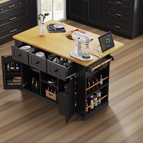 53" Rolling Large Kitchen Island Set with Power Outlet,Mobile Carts with Storage Cabinet,Extra Drop Leaf,3 Drawers and 5 Open Side Racks,Wood Table for Dining Room (Island & Stools)