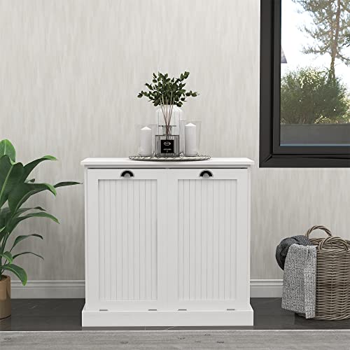 Double Tilt Out Trash Cabinet Laundry Sorter Cabinet Free Standing Laundry Cabinets and Storage Dog Proof Recycling Cabinet Kitchen Island with Garbage Bin (White)