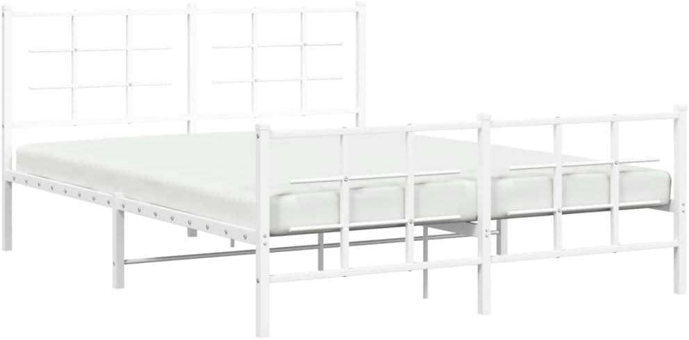 vidaXL White Steel Metal Bed Frame-Double Bed with Headboard/Footboard-81.5" x61.4 x35.4 | Modern Bedroom Furniture