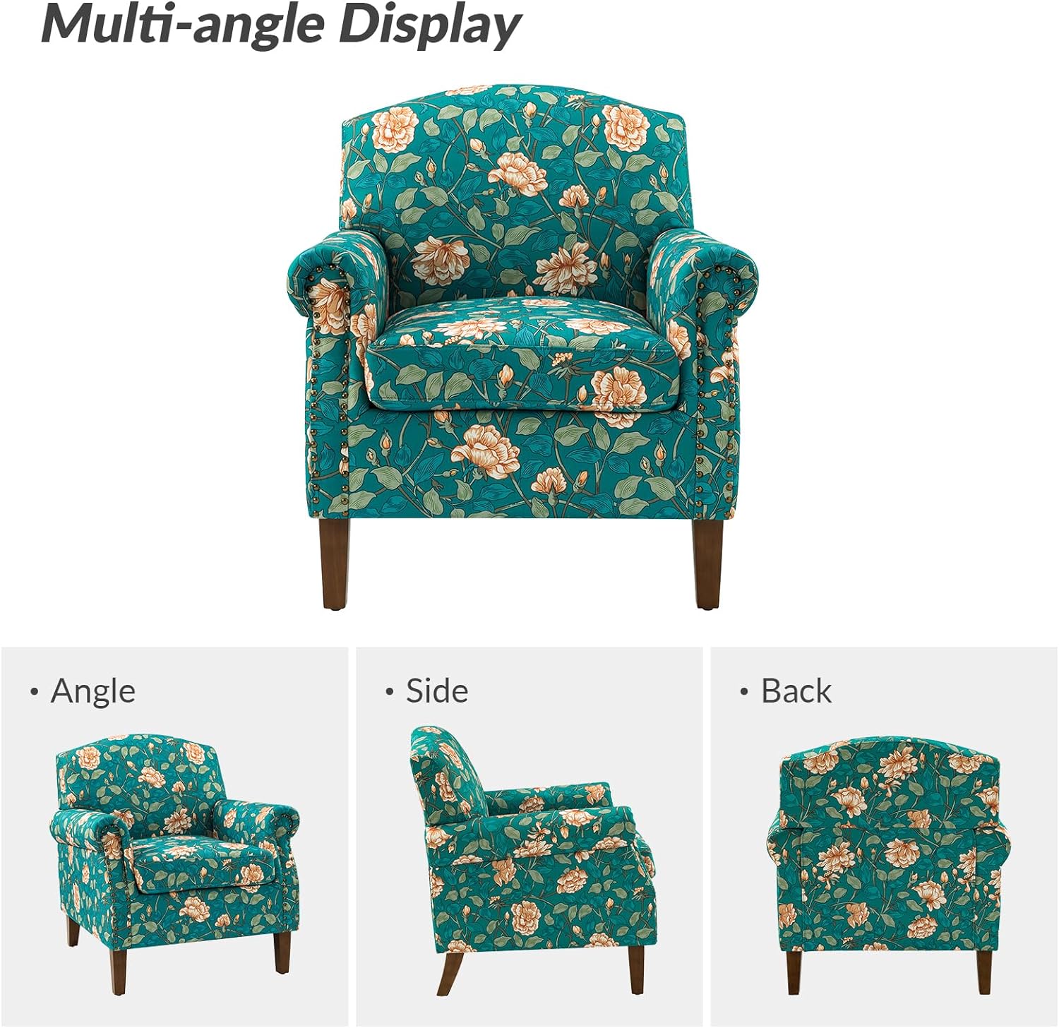 Modern Accent Chair With Wood Legs & Removable Cushion, Comfy Upholstered Armchair Nailhead Trim, Floral Design Single Sofa Cozy Club Chair For Reading Office Living Room Bedroom, Teal