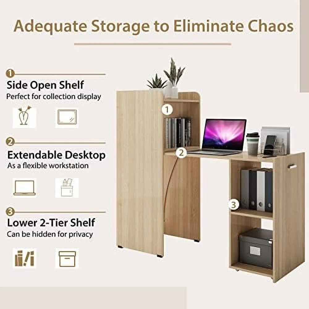 HJZBNONE Extendable Computer Desk for Small Space  Reversible Home Office Desk with Anti-Tipping Kit  Folding Study Writing Desk  Pull-Out PC Laptop Workstation Desk  Brown/Natural (Natur