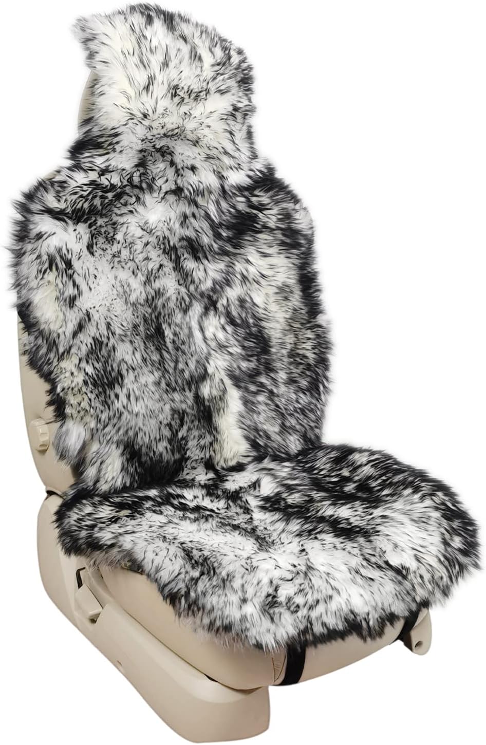 Sheepskin Seat Cover Extra Dense Pelt Genuine Australian Long Fur Sheepskin Car Seat Cushion Natural Pure Wool Automotive Seat Cover, Universal Fits Cars, SUVs, Trucks Minivans, 1pc - White/Black