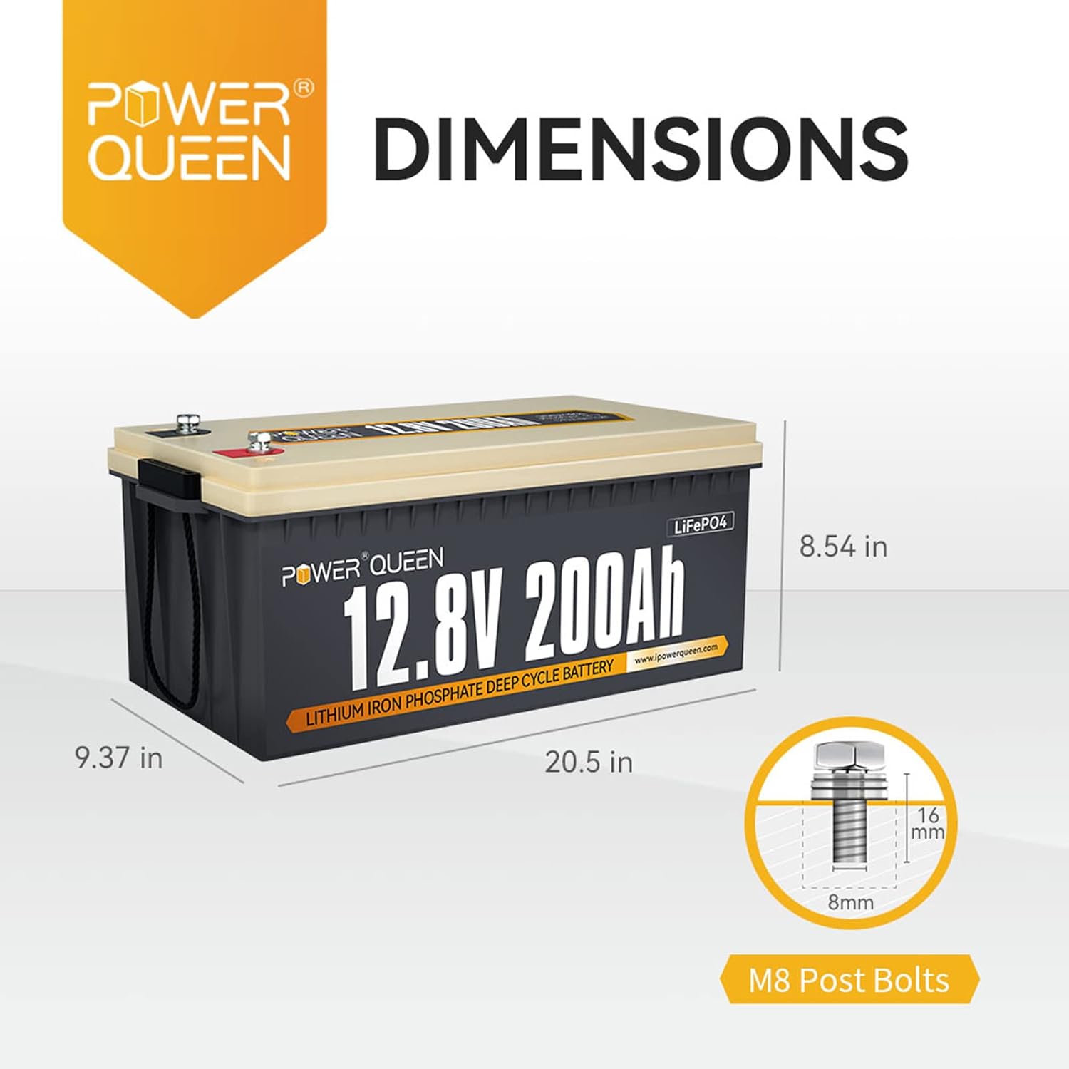 Power Queen 12.8V 200Ah LiFePO4 Battery, 2560Wh Lithium Iron Phosphate Battery, 4000+ Cycles, 10 Years Lifespan, Used for Solar Off Grid, RV Camper, Home Energy Storage, Power Failure Supply