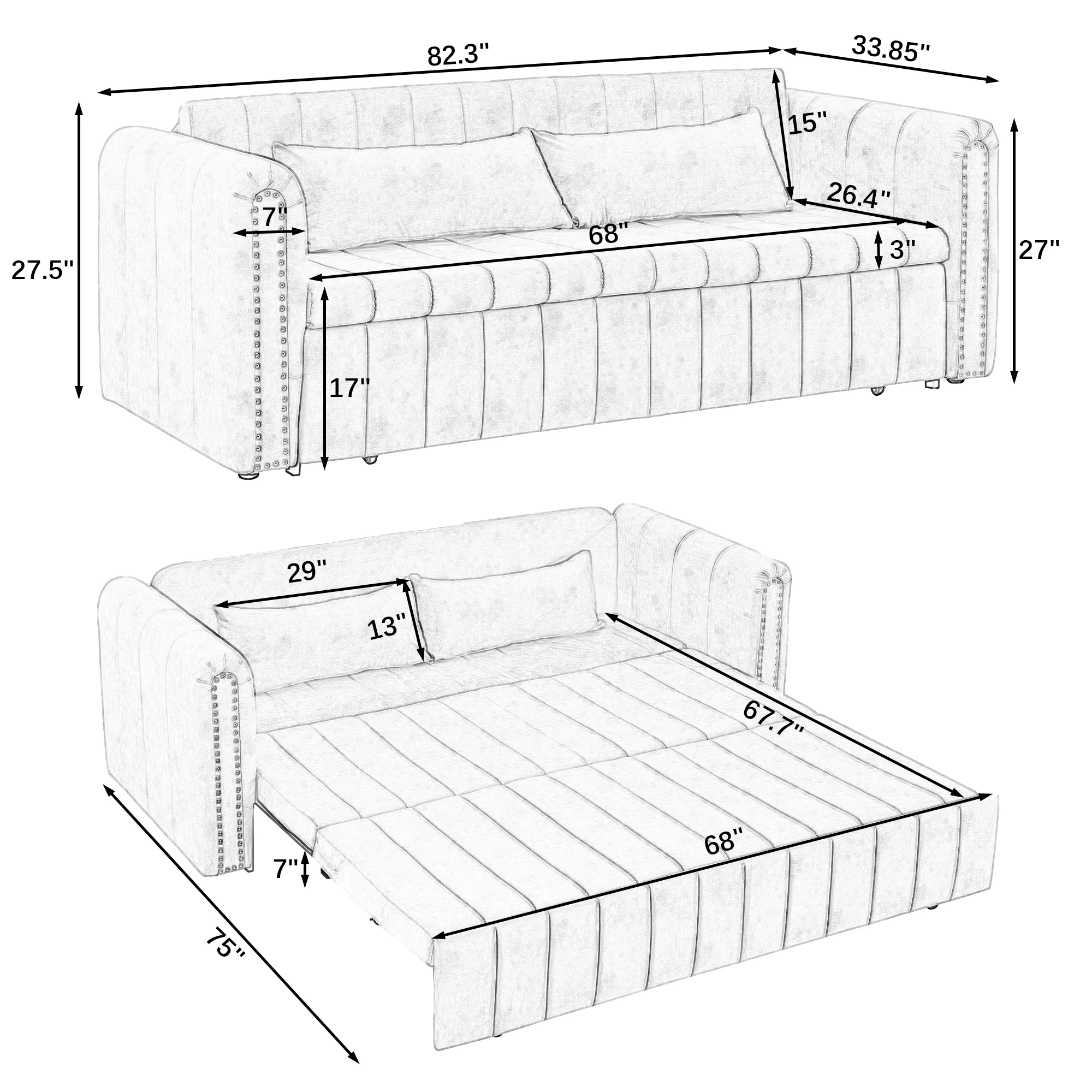 3-in-1 Convertible Sleeper Sofa Bed,Pull-Out Bed Sleeper with Rolled Arms Decorated with Copper Nails,Modern Upholstered 3 Seats Sofabed with Two Drawers and Two Pillows,Black - Curated Treasures Market