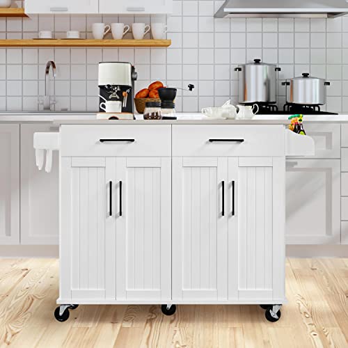 Topeakmart Mobile Kitchen Island with Stainless Steel Countertop and Double Drawers and Double Cabinets, Kitchen Cart with Spice Rack