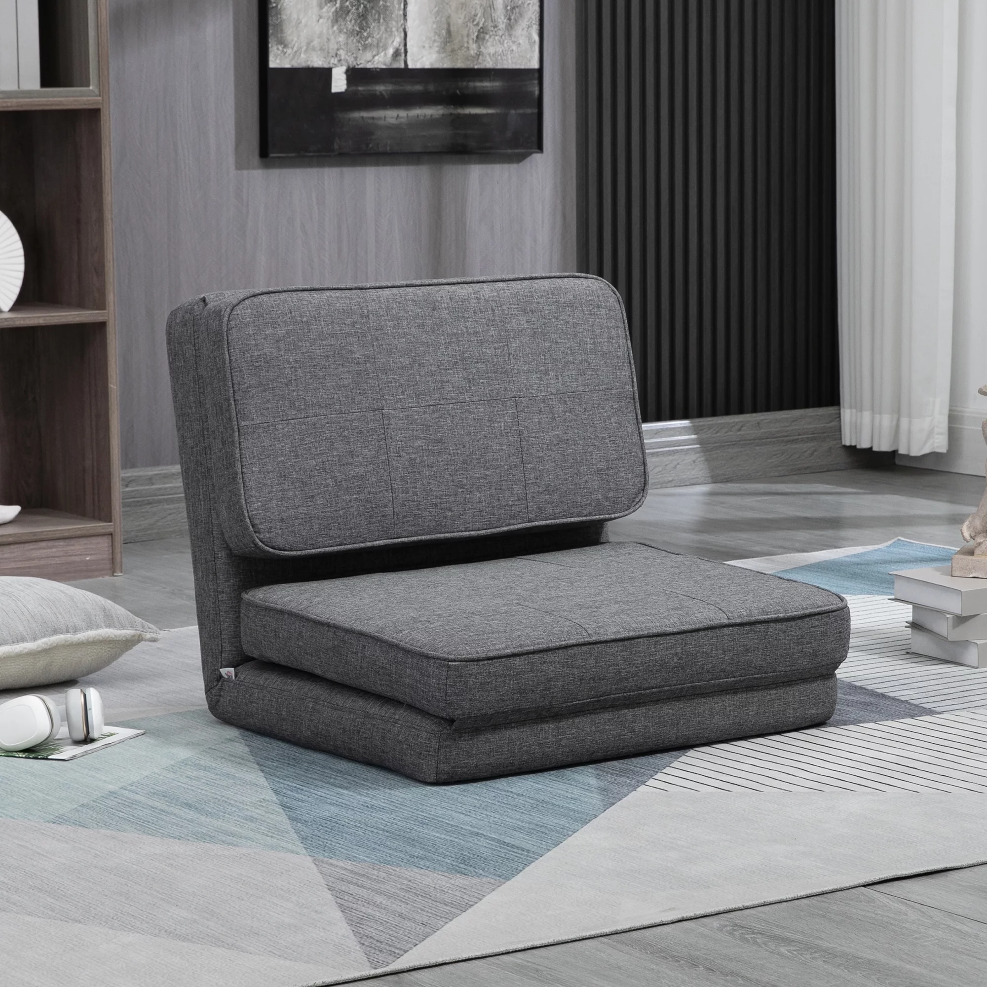 HOMCOM Convertible Flip Chair, Folding Upholstered Floor Sofa, Adjustable Guest Chaise Lounge, Dorm Bed with Metal Frame for Living Room and Bedroom, Dark Grey