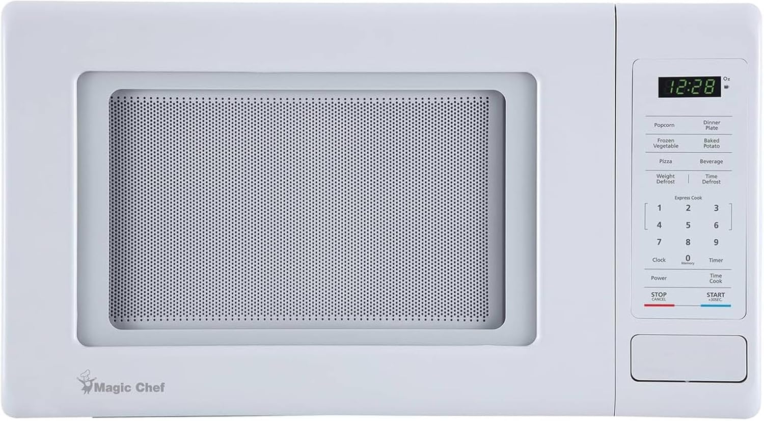 Magic Chef 0.9 Cubic Feet 900 Watt Stainless Countertop Microwave Oven for Compact Spaces with 6 Pre Programmed Cooking Modes, White
