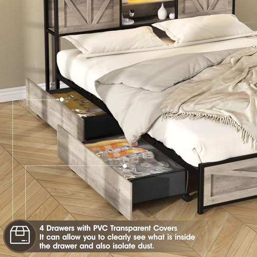 Queen Size Bed Frame with Charging Station, Queen Bed Frame with 4 Drawers LED Light, Farmhouse Platform Bed with Headboard Storage 3 Layer Shelves, Wash Grey