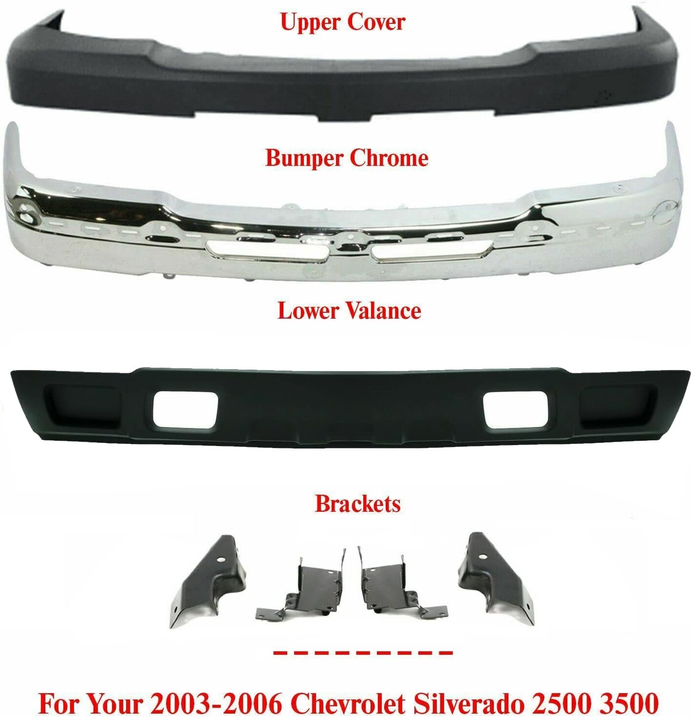 US AUTO PARTS PLUS Front Bumper Chrome Steel+Upper Cover+Lower Valance Textured+Bracket Set Left Right Side 2003-2006 Chevrolet Silverado 2500HD 3500 Direct Replacement GM1002416 GM1051109 GM1061101