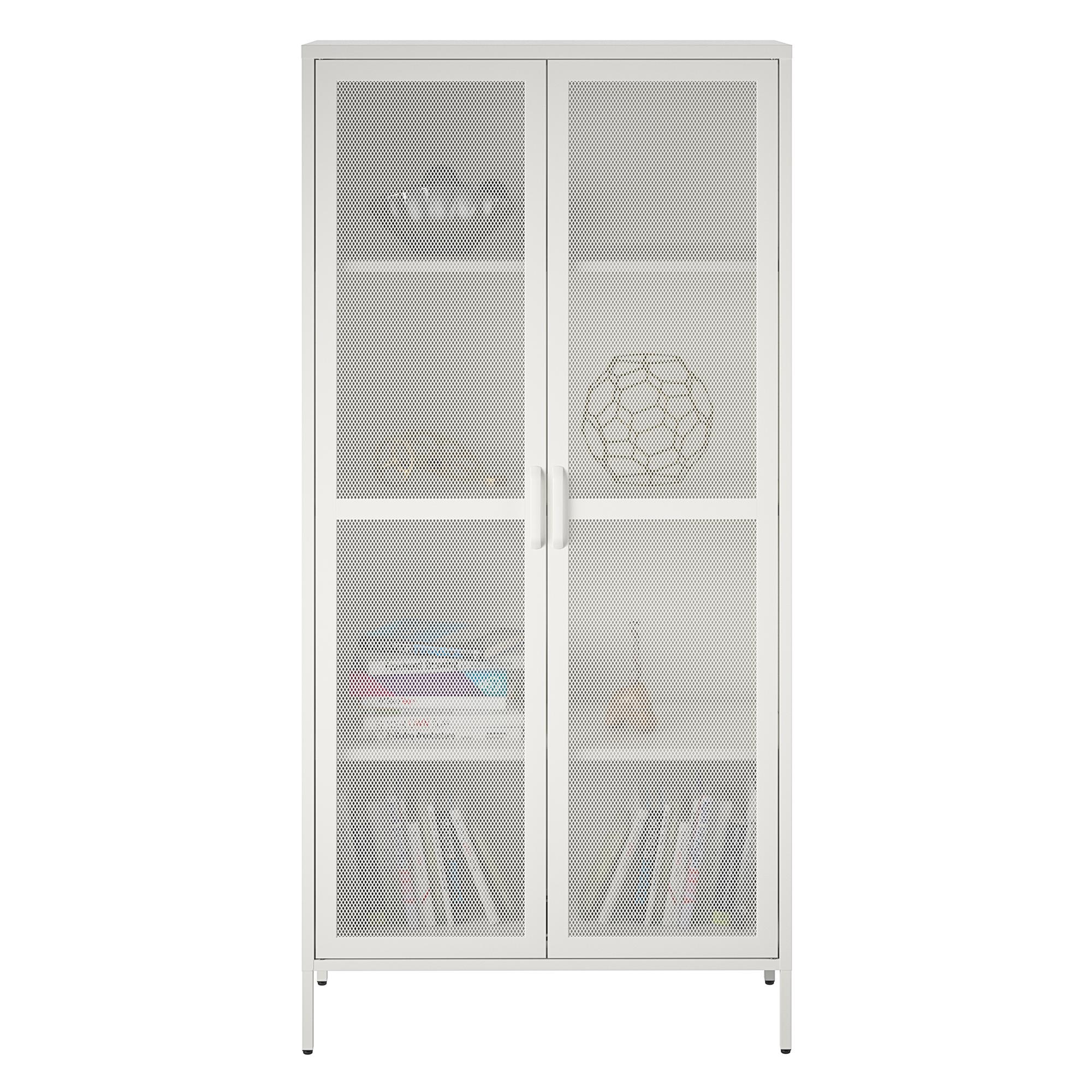 RealRooms Shadwick 2 Door Tall Metal Locker Style Storage Cabinet-Mesh Metal Doors, Soft White