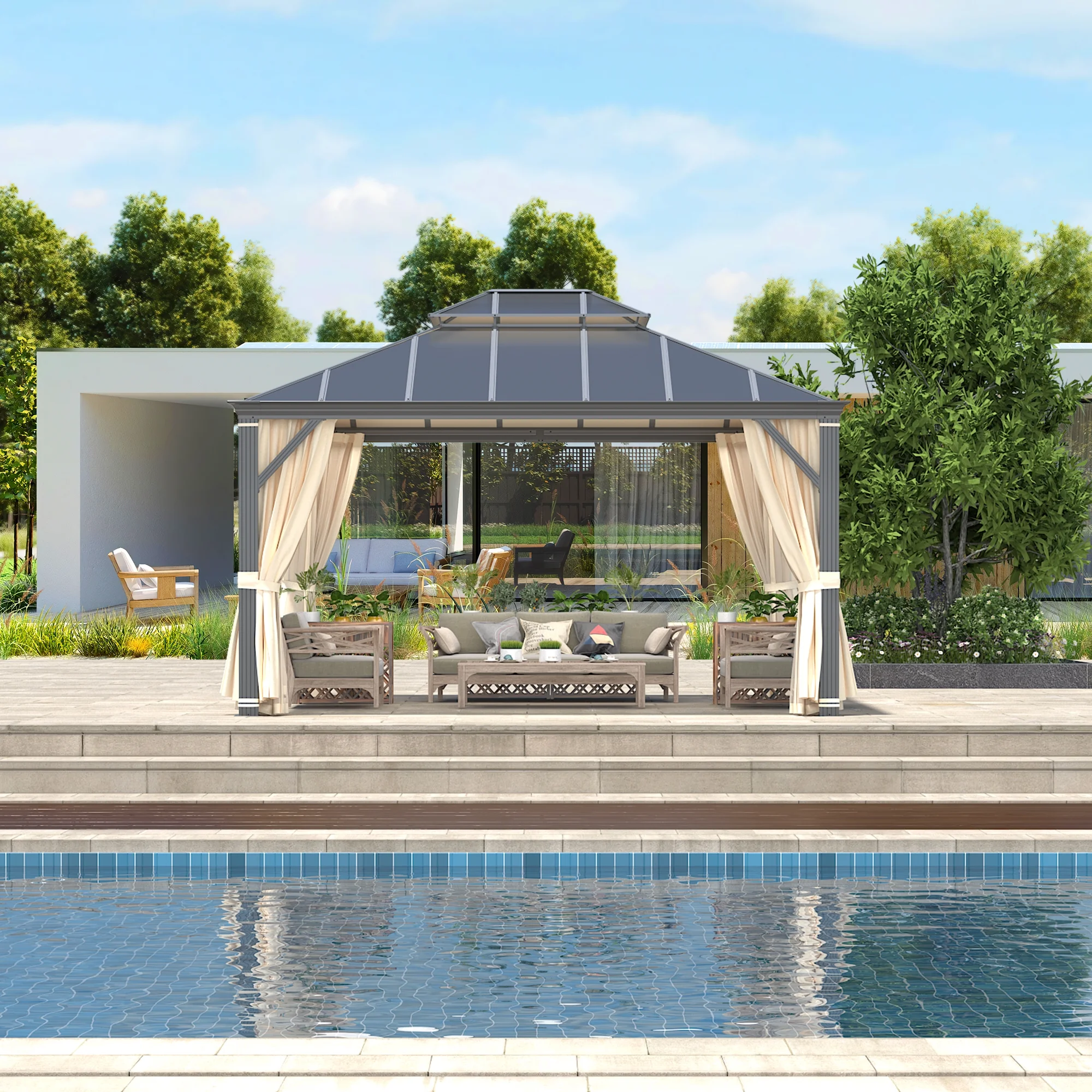 Richryce 12'x14' Hardtop Gazebo Patio Furniture, Aluminum Frame Double Roof, Privacy Curtains and Premium Net for Patio Lawn and Garden
