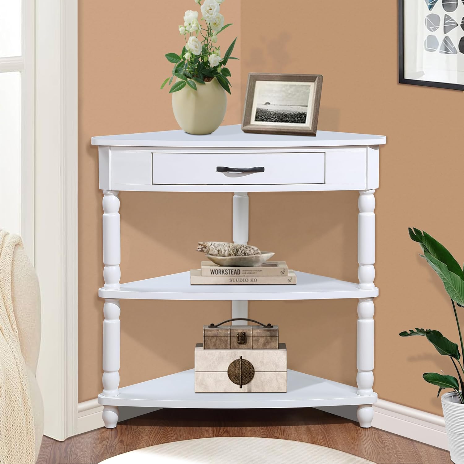 White Corner Table Accent Cabinet: Small End Table with Shelves Drawer