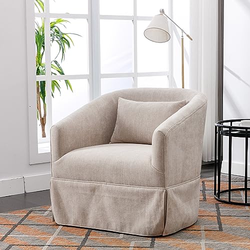 ODUWA Swivel Accent Armchair Set of 2,Upholstered 360 Degree Swivel Barrel Chair with Skirt,Modern Round Armchair with Metal Base and 1 Pillow for Living Room Bedroom Office