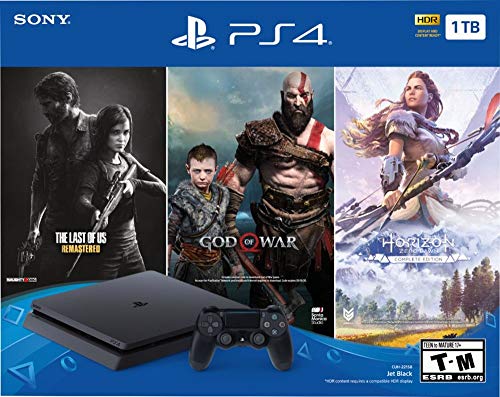 Flagship Play Station 4 1TB HDD Only on Playstation PS4 Console Slim Bundle with Three Games: The Last of Us, God of War, Horizon Zero Dawn 1TB HDD Dualshock 4 Wireless Controller -Jet Black