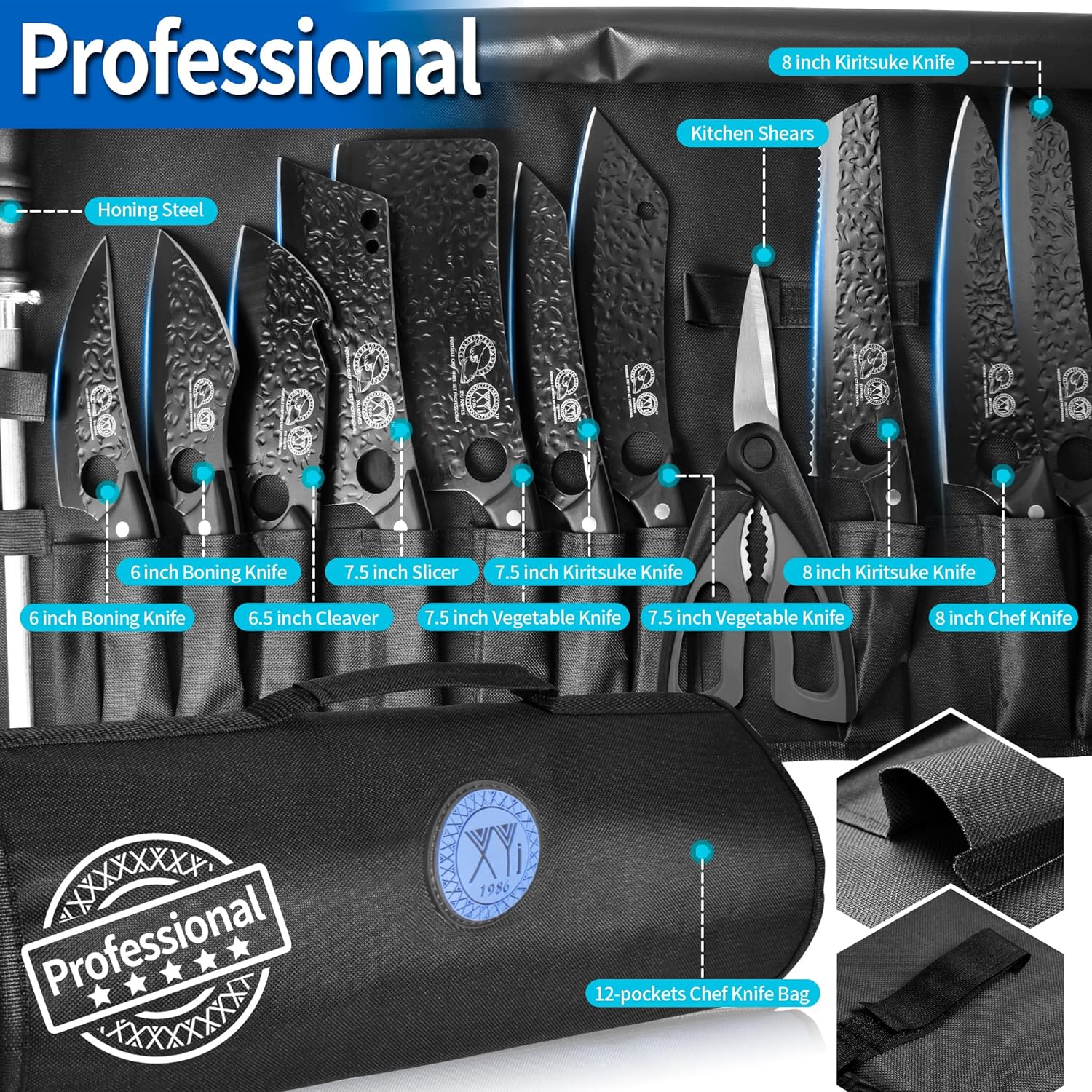 XYJ 10 Pieces Knives Set With Magnetic Knife Block, Bag, Kitchen Knife Set, High Carbon Steel, Full Tang, Black