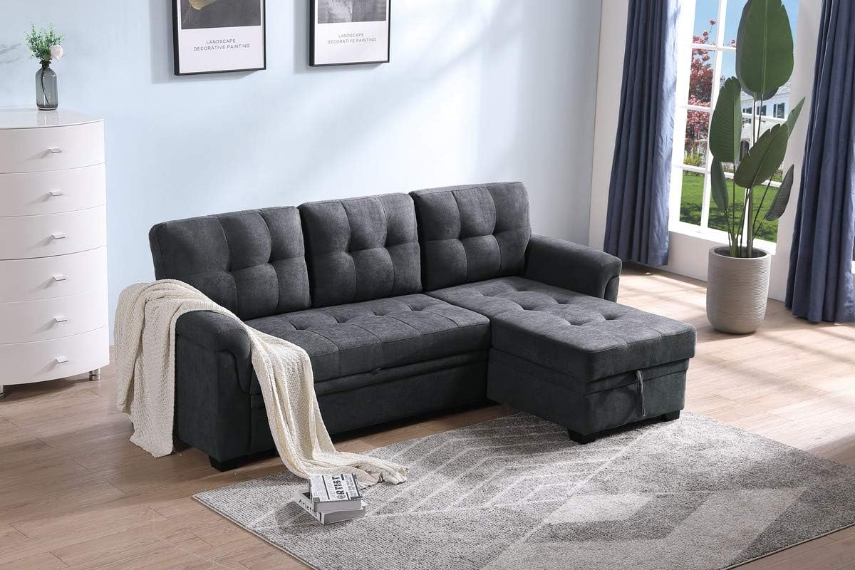 Rustani Dark Gray Reversible Sectional Sleeper Sofa Chaise with Storage in Woven Fabric