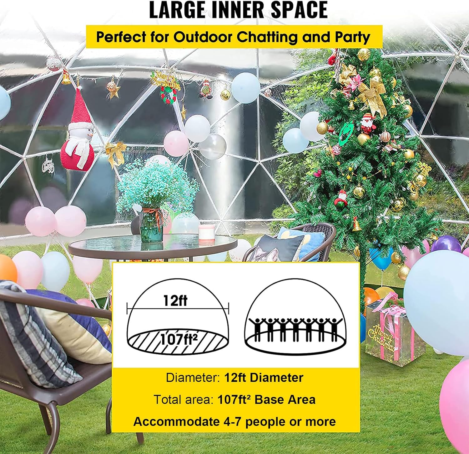 12FT Bubble Tent Dome, Outdoor Geodesic Dome Tent for 4-8 Person, Upgraded Garden Igloo with Triangular Transparent Window, Waterproof Clear Dome Tent Suitable for Camping, Party, Christmas Day