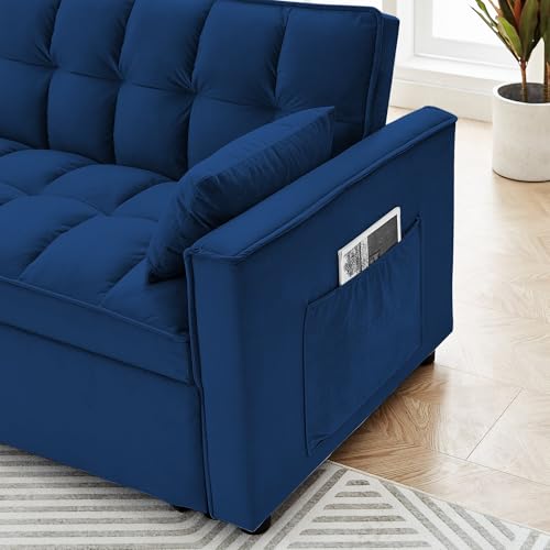 55" Velvet Convertible Sofa Sleeper w/2 Detachable Arm Pockets, Pull-Out Couch Bed Loveseat with Adjustable Backrest, for Office Living Room Apartment, 87inch, Beige