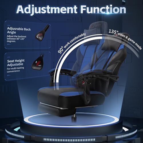 Gaming Chairs for Adults, Computer Chair with Footrest and Ergonomic High Back, Big and Tall Gamer Chairs with Massage Lumbar Support, 360° Swivel Height Adjustable, Blue
