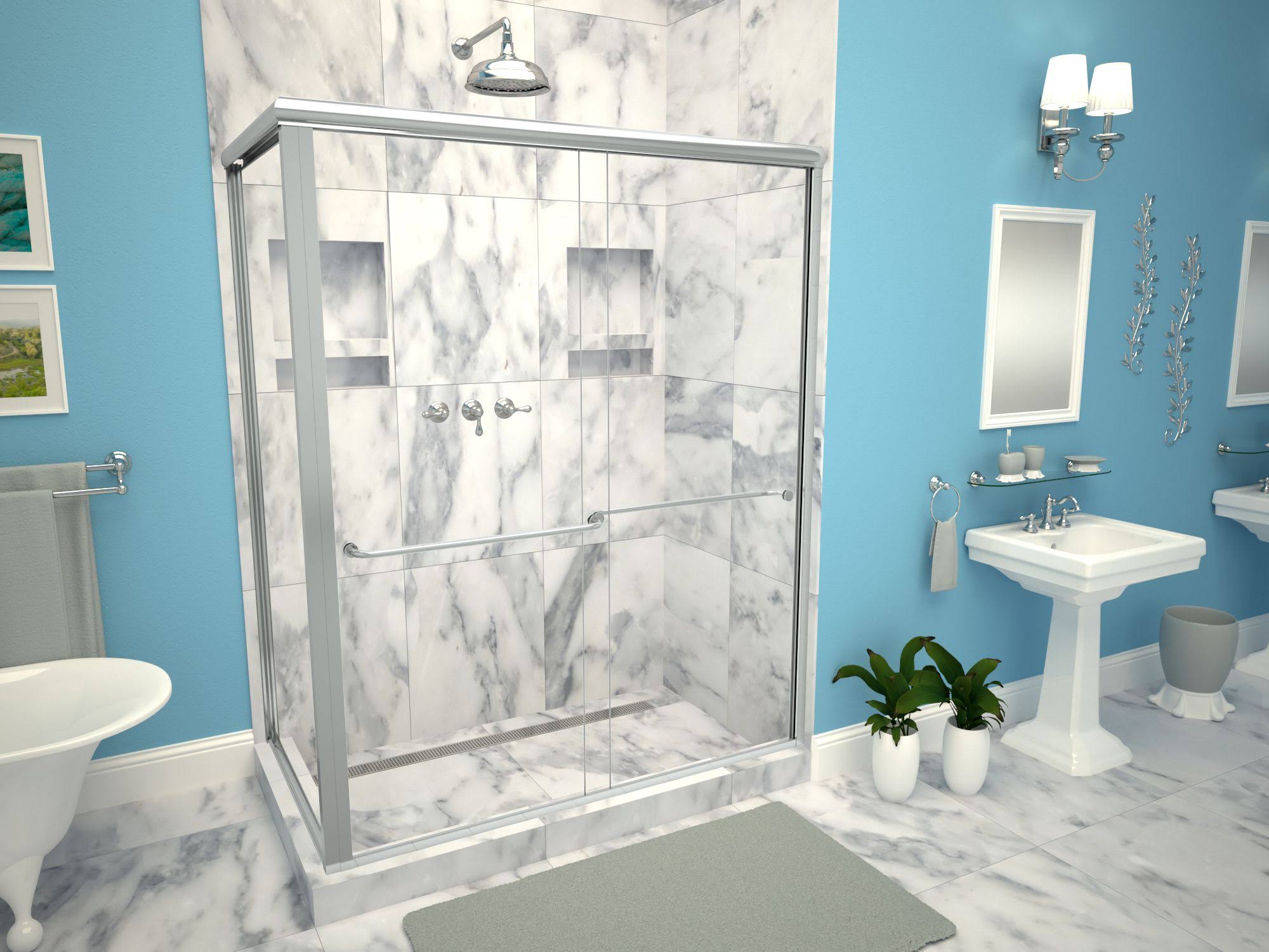 Double Threshold Shower Base with Designer Grate Tile Redi Size: 5.75x22 H x 34x22 W x 48x22 D, Drain Location: Left, Finish: Po