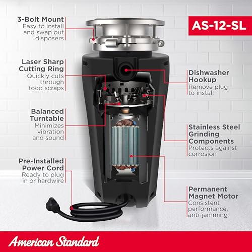 American Standard 10-US-AS-5-HD Garbage Disposer, 1/2 HP Heavy Duty, Black