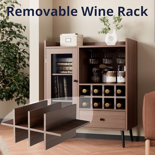 Cozy Castle Coffee Bar Cabinet with Storage, Mid-Century Modern Buffet Sideboard with Acrylic Door, Small Wood Storage Cabinet with Adjustable Shelves, Cupboard for Kitchen, Dining Room, Brown