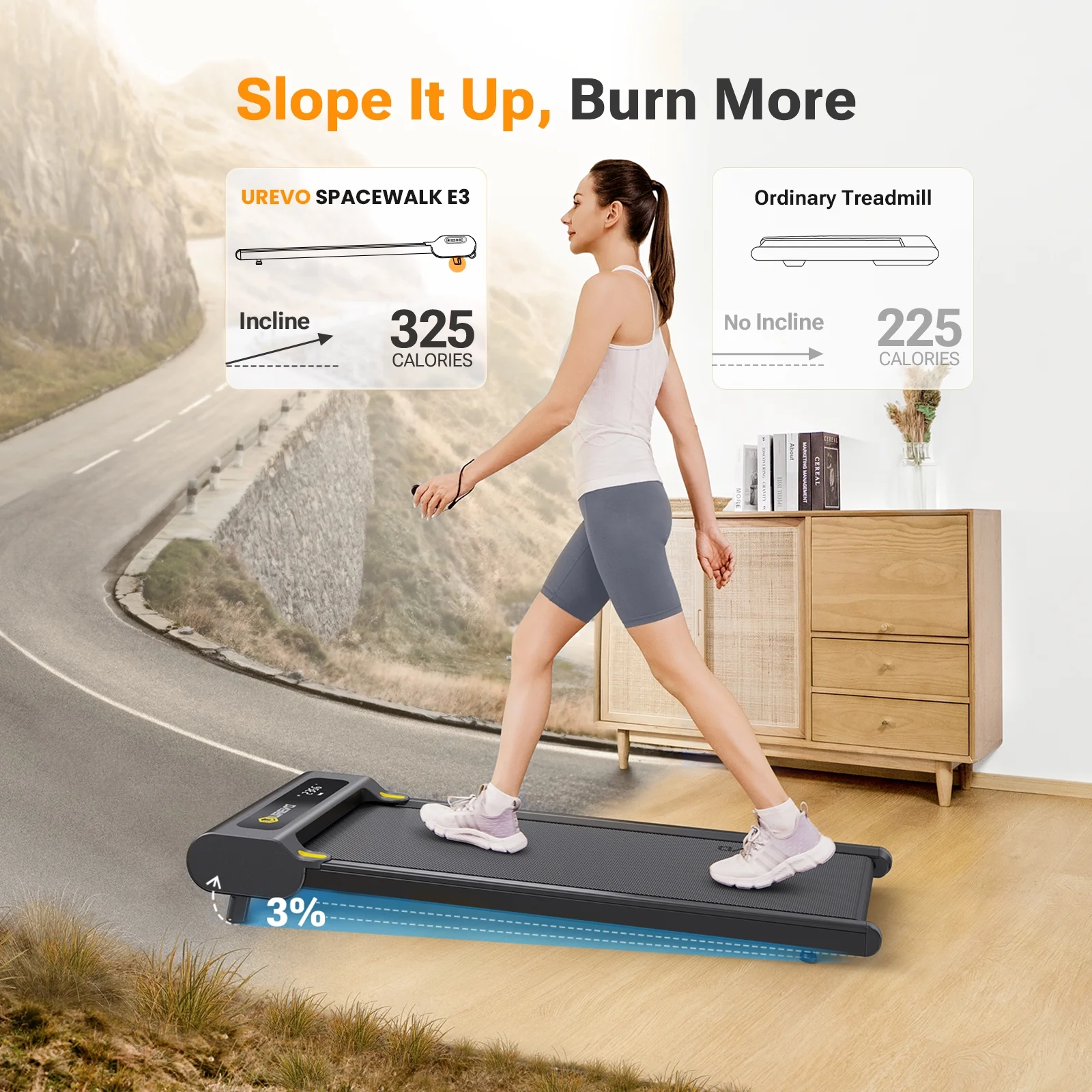 UREVO Walking Pad with Incline, Manual Incline Under Desk Treadmill for Home/Office, 3% Inclined, 265lbs Weight Capacity