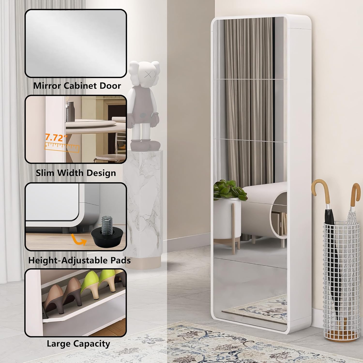 Arc Mirror Shoe Cabinet, FreeStanding Shoe Storage Organizer with Filp Drawers, 5 Tier Hidden Shoe Rack for Closet, Door, Entrance