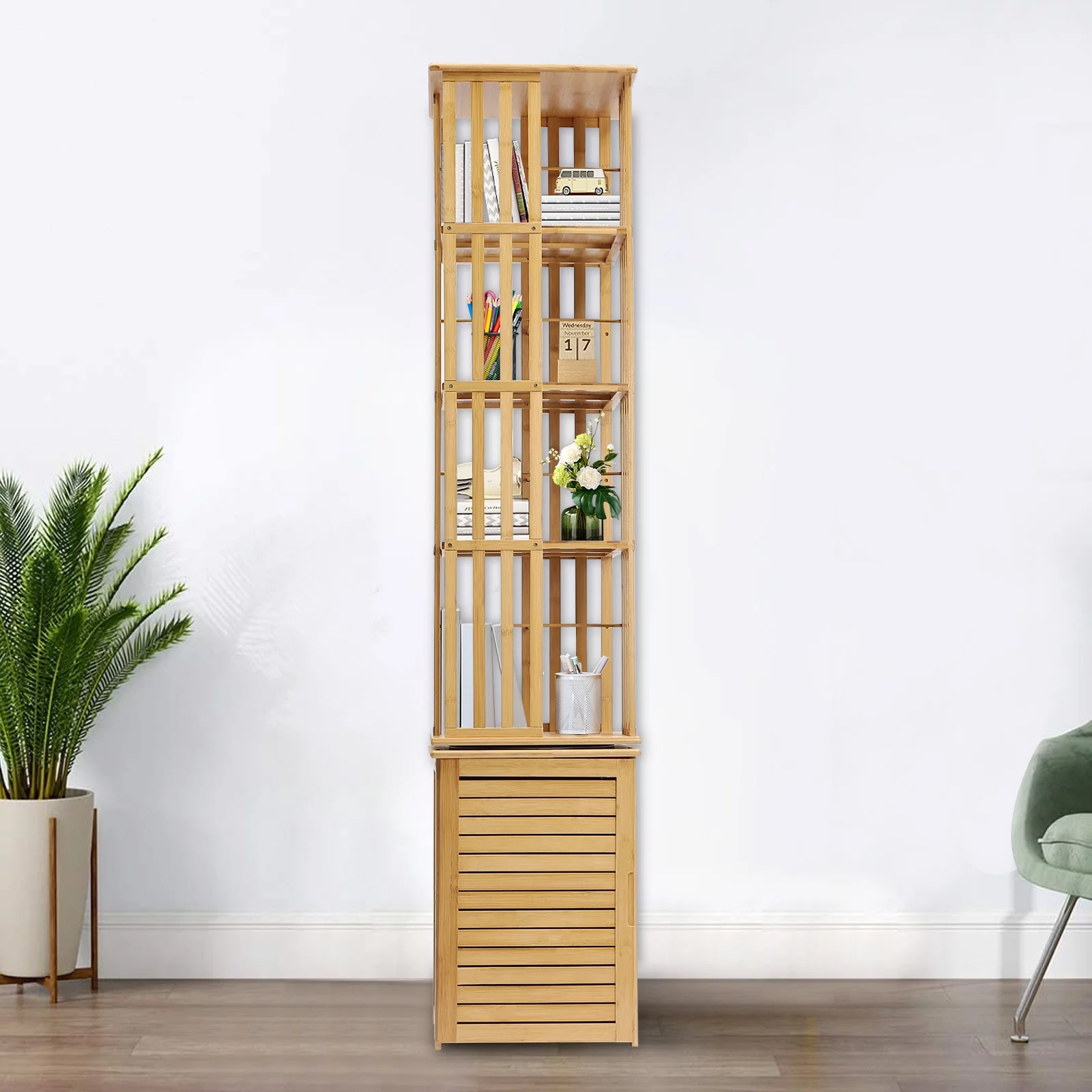 ZhdnBhnos 6 Tier 360° Rotating Corner Bookshelf Floor Standing Revolving Bookcase Bamboo Storage Rack Narrow Book Shelf Organizer for Bedroom, Living Room, Study Room