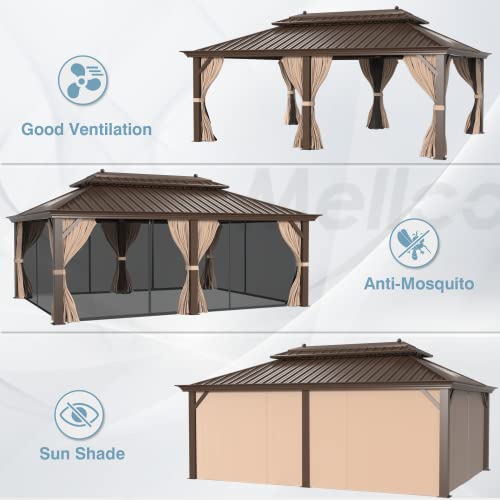MELLCOM 12'x16' Hardtop Gazebo, Galvanized Steel Metal Double Roof Canopy with Curtains and Netting, Brown Permanent Pavilion Gazebos with Aluminum Frame for Garden, Patio, Lawns, Deck