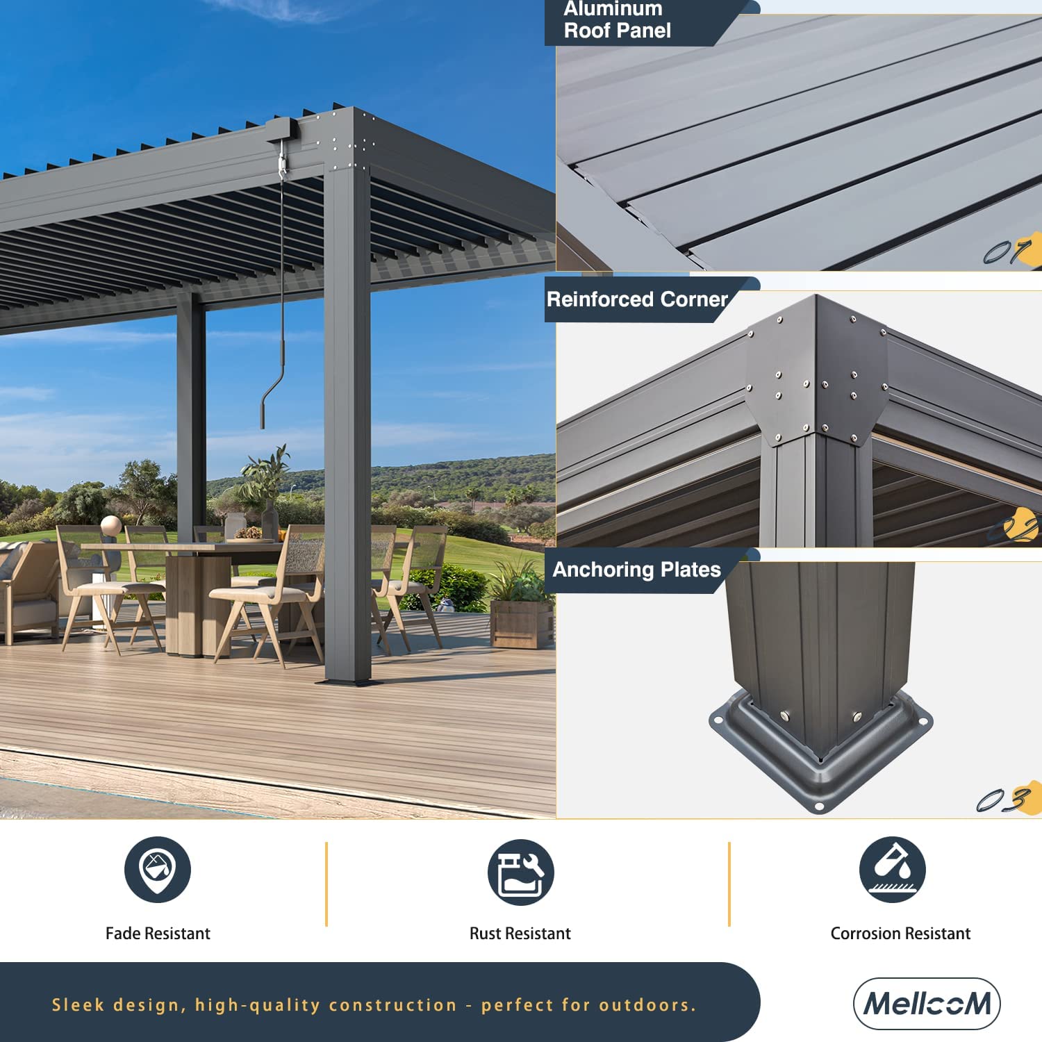 Richryce 10'×20' Aluminum Louvered Pergola with 6-Panel Pull-Down Privacy Screen, Hardtop Rainproof Pergola with Adjustable Roof for Patio, Lawn & Garden