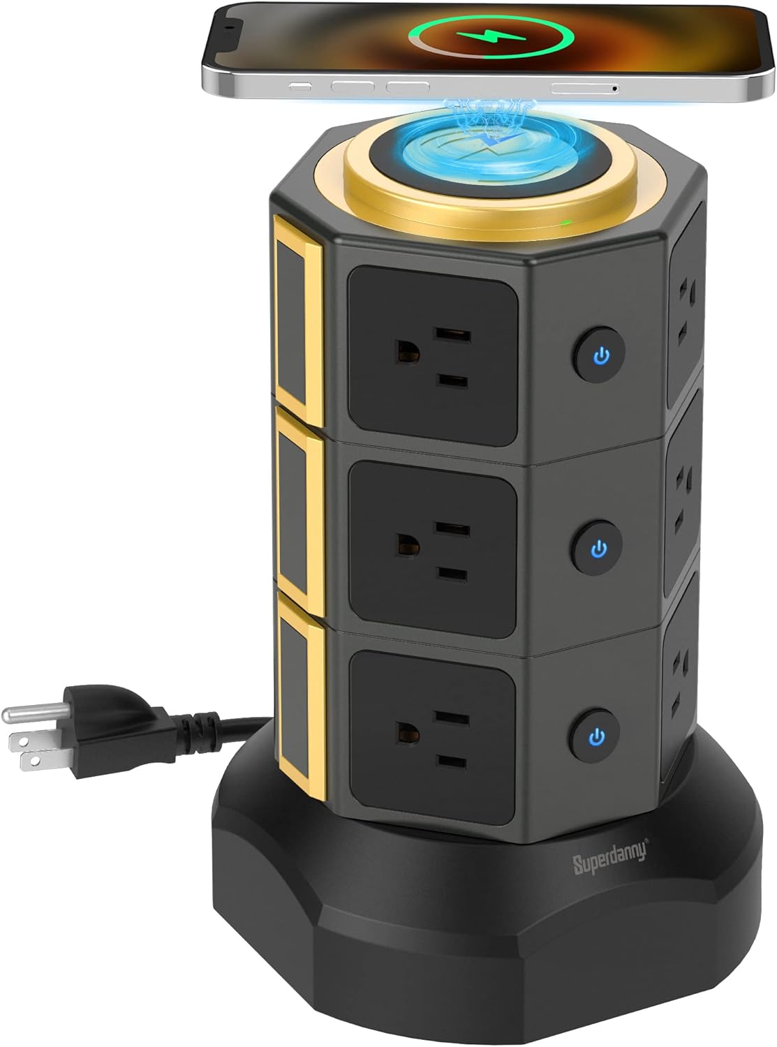 Power Strip Tower, SUPERDANNY Surge Protector Tower with 15W Magnetic Wireless Charger, 1050J, 13A Charging Station with 12 AC Outlets & 6 USB Ports, 6.5ft Extension Cord for Home Office, Gold Pack of 2