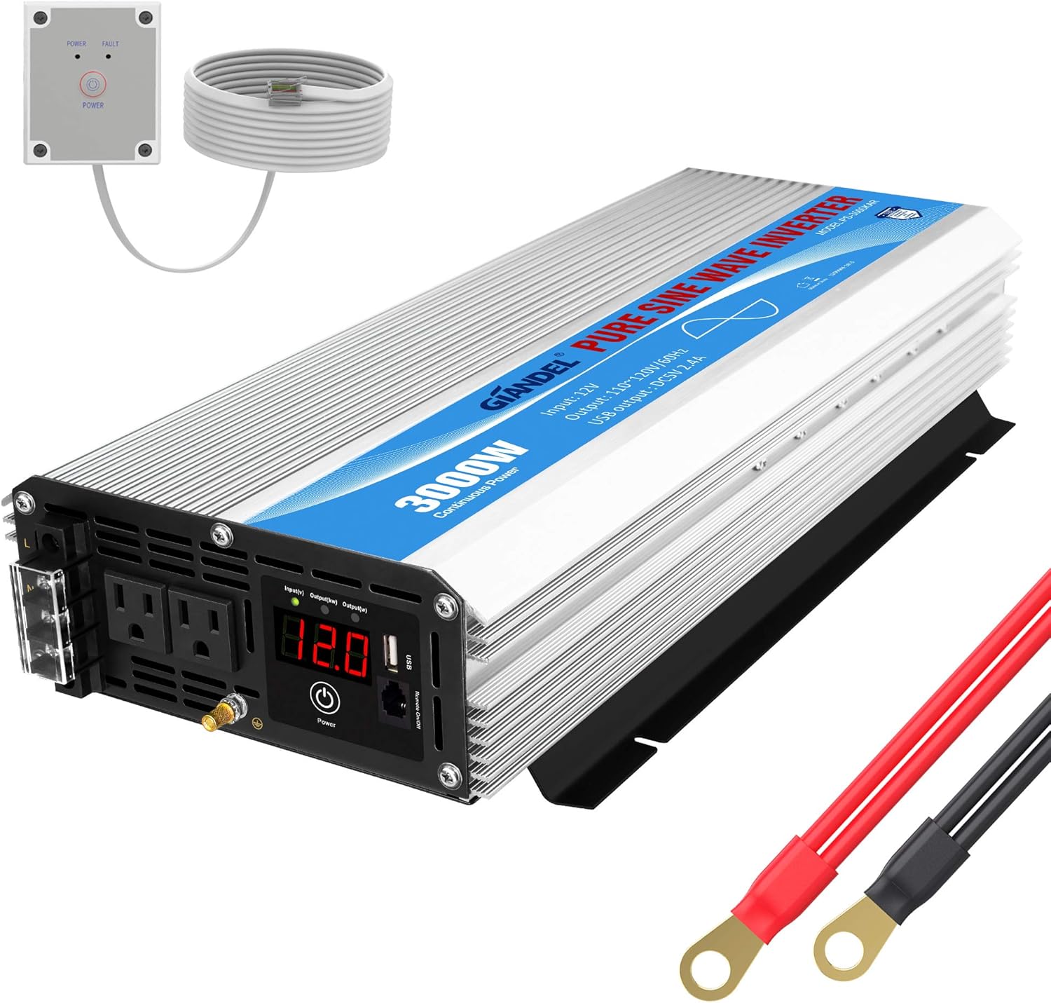 GIANDEL 2200W Pure Sine Wave Power Inverter 12V DC to 110V 120V AC with 20A Solar Charge Control and Remote Control&LED Display and Dual AC Outlets &1x2.4A USB Port for RV Truck Car Solar System