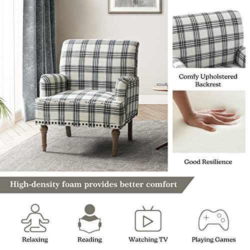 HULALA HOME Modern Accent Chair with Retro Wooden Legs & Nailhead Trim, Comfy Upholstered Armchair Single Sofa for Living Room Bedroom (Plaid, Grey)